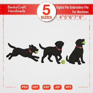 Peut inclure: Motif de broderie de Labrador noir en trois poses : courant, debout et assis, chacun avec une balle de tennis. Les chiens portent des colliers roses. Le motif est disponible en 5 tailles, de 10 cm à 20 cm, fichier numérique pour machines à broder.