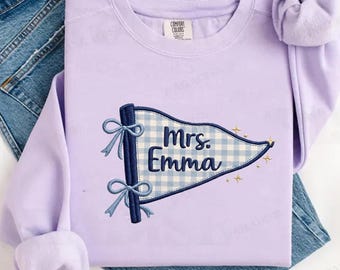 Custom Mrs Sweatshirt, Coquette Bride Crewneck, Vintage Pennant Embroidered Shirt, Something Blue Gift For Her, Cute Personalized Pullover