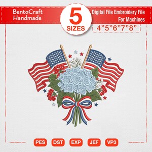 Patriotic Hydrangea Bouquet Embroidery Design, US Flags Summer Flower Machine Embroidery File, 4th of July Floral Pattern Digital Download
