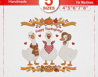 Broderidesign för Thanksgivinggås, digital fil för söt höstpumpa, maskinbroderi för semester i Country Cottagecore PES, direkt nedladdning
