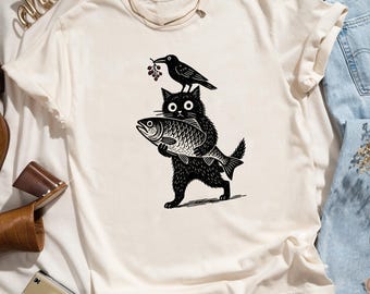 Camiseta Comfort Colors Black Cat Crow Linocut, Camiseta Vintage Folk Art Cat, Sudadera Dark Cottagecore Kitten Fish, Para amantes de la naturaleza, los cuervos y los gatos