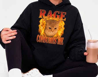 Camiseta Comfort Colors "La rabia me consume", camiseta divertida con meme de gato naranja en llamas, sudadera retro irónica con gatitos, regalo sarcástico para amantes de los gatos enojados.