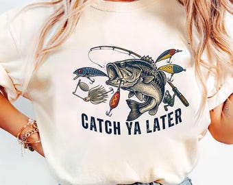Maglietta da pesca Comfort Colors Catch Ya Later, maglietta vintage con esca per persico, felpa divertente con grafica da pescatore, felpa con cappuccio regalo retrò per pescatori