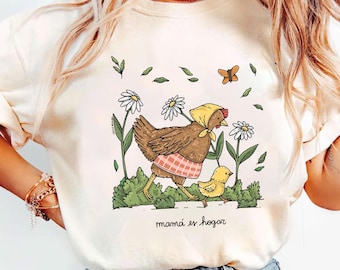 Maglietta Comfort Colors Mamá Es Hogar, maglietta spagnola per la festa della mamma, maglietta con mamma e pulcino carini, regalo vintage floreale in stile cottagecore per la mamma