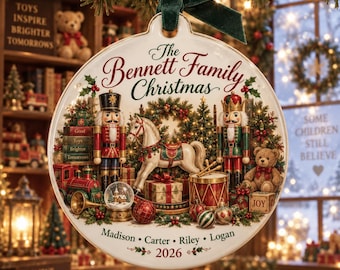 Personalized Nutcracker Family Christmas Ornament 2026, Custom Vintage Toy Shop Keepsake, Rocking Horse Tree Decor,Family Names Holiday Gift