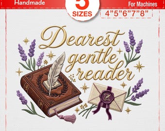 Caro gentile lettore, disegno per ricamo, file per ricamo a macchina Regencycore, motivo Dark Academia ispirato ai libri, lettera vintage con disegno color lavanda