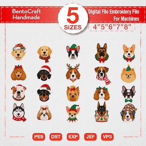 Christmas Dog Embroidery Design Bundle Digital File for Machine, Cute Holiday Pet Golden Retriever Corgi Husky Pattern Pes Dst Jef Exp Vp3
