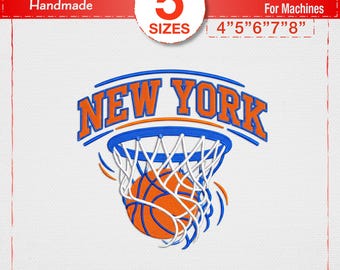New York basket broderi design, retro sport maskinbroderi fil, basketkorg Pes, NY basket Varsity typsnitt digital nedladdning