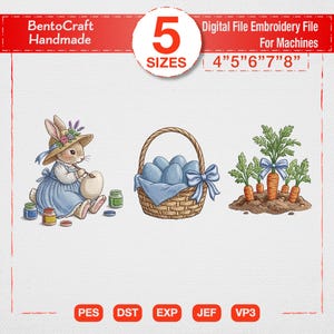 May include: Digital embroidery file featuring Easter-themed designs. Includes a bunny painting an egg, a basket of blue eggs, and carrots with bows. The file is available in 5 sizes, from 4" to 8", and multiple file formats.