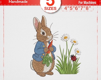 Classic Peter Rabbit Garden Embroidery Design, Vintage Bunny in Blue Coat Machine Embroidery File, Easter Garden Carrot Ladybug Pattern