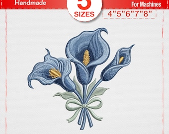 Blue Calla Lily Embroidery Design, Dusty Blue Floral Machine Embroidery File, Elegant Flower Bouquet Pattern, Wedding Gift PES DST JEF Art