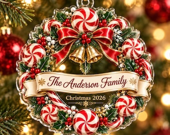 Personalized Peppermint Wreath Christmas Ornament 2026, Custom Family Candy Cane Tree Decor, Classic Xmas Keepsake, Unique Gift for Mom
