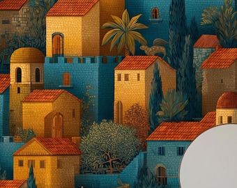 Mural de pared de pueblo costero mediterráneo, decoración de pared colorida de pueblo autoadhesivo, papel tapiz removible de vinilo no tejido con diseño de casas europeas