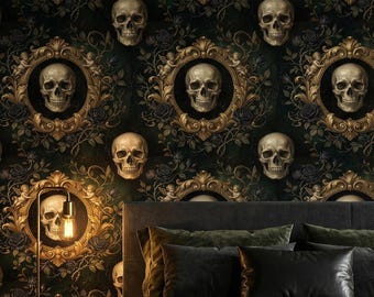 May include: A bedroom featuring wallpaper with a repeating pattern of human skulls centered in ornate gold frames against a dark background. The bed has a dark green velvet comforter, dark pillows, and a dark bench at the foot of the bed.