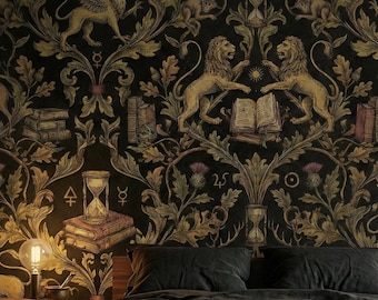 Dark Academia Wallpaper Gold Peel Stick Alchemy Mural Vintage Griffin Lion Removable Wall Paper