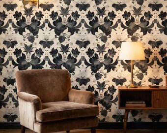 Décoration murale florale neutre victorienne amovible, papier peint botanique autocollant vintage noir