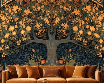 Papier peint autocollant Arbre de vie, papier peint botanique vintage, décoration murale nature symétrique
