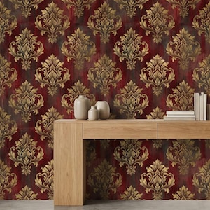Vintage Victorian Peel Stick Wallpaper Mural: Burgundy Gold Damask Removable Wall Paper