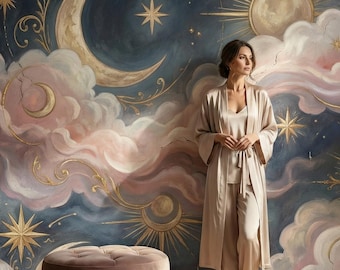 May include: A celestial-themed wallpaper mural featuring a dark blue sky with gold moons, suns, and stars amidst swirling pink and white clouds. The design includes intricate golden filigree patterns and cosmic motifs across the entire wall surface.