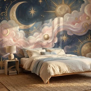 May include: A bedroom with a celestial-themed mural featuring a crescent moon, sun, stars, and clouds in shades of blue, pink, and gold. The bed has cream-colored bedding and a light blue throw. A beige rug and a wooden side table with a lamp complete the scene.