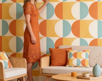 Mid Century Retro Wallpaper, Modern Peel Stick Geometric Mural, Abstract Circle Pattern Wall Art