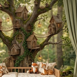 Könnte beinhalten: Ein verträumtes Kinderzimmer mit einem Holzbett, cremefarbener Bettwäsche und Kuscheltieren. Die Wand zeigt ein Wandbild eines Baumhausdorfes. Das Schild sagt "Wild & Free". Holzblöcke und eine Laterne ergänzen die Szene.