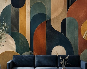 Abstract behang uit het midden van de eeuw, Peel-and-Stick geometrische muurmuurschildering, non-woven retro boog muurdecoratie, modern behang