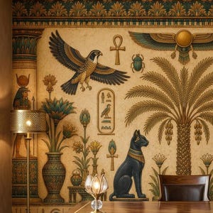 May include: A luxurious office space with an Egyptian theme. The room features a large wooden desk, a decorative wall mural with hieroglyphs, falcons, and palm trees, and a gold ceiling fixture. The color palette includes gold, brown, and beige.