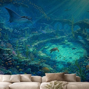 Underwater Lost City Wallpaper, Peel and Stick Ocean Ruins Wall Mural, Marine Life Wall Decor, Tropical Sea Wall Art