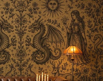 May include: A room featuring a wall covered in tan wallpaper with black ink illustrations of dragons, women, rabbits, suns, and floral patterns. The room includes a brown leather tufted sofa, a wooden coffee table, a bookshelf, and a floor lamp.