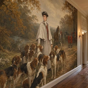 Foxhunting Landscape Wall Mural, Peel and Stick Antique Wallpaper, Non Woven Equestrian Wall Decor, Oil Painting Dog Wall Art