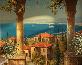 Mediterranean Coastal Peel and Stick Wall Mural, Italian Landscape Wallpaper, Lemon Terrace Sea Village Removable Wall Art, Amalfi Mural