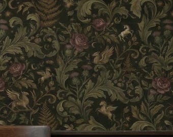 May include: Dark wallpaper featuring a repeating pattern of muted green foliage, deep red roses, and golden winged horses against a black background. The design includes intricate fern leaves and small crescent moon shapes throughout the floral motif.