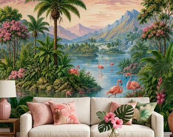 Papier peint flamant rose tropical, décoration murale exotique, décoration murale non tissée paradis botanique côtier