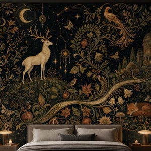 Celestial White Deer Wallpaper, Moonlit Forest Wall Mural, Peel and Stick Woodland Wall Decor, Mystic Nature Wall Art