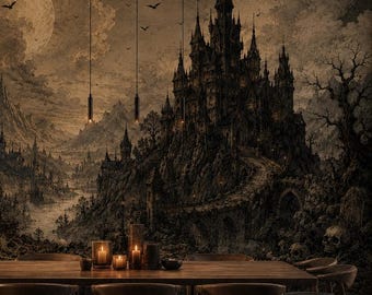 May include: A wall mural featuring a dark, gothic castle landscape with a full moon, jagged mountains, and skeletal remains, set behind a long wooden dining table with six chairs and three lit pillar candles in a dimly lit room.
