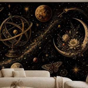 May include: A wall mural featuring a dark celestial scene with gold planets, a large armillary sphere, a crescent moon adorned with flowers, and a butterfly. A cream-colored curved sofa and a round coffee table are positioned in front of the mural.