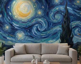 Abstract Peel Stick Celestial Wallpaper Van Gogh Style Mural Removable Wall Art