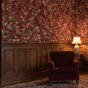 Peut inclure: Int&eacute;rieur chaleureux avec une chemin&eacute;e, deux fauteuils bordeaux et un tapis &agrave; motifs. Les murs sont orn&eacute;s de papier peint floral et de boiseries sombres. Un feu br&ucirc;le dans la chemin&eacute;e, cr&eacute;ant une ambiance accueillante.