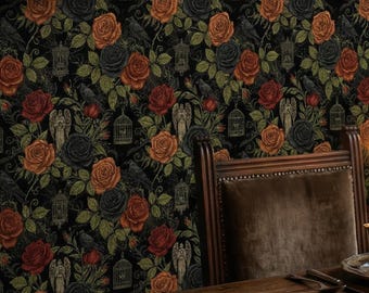 May include: Dark wallpaper featuring a repeating pattern of roses in red, orange, and black, with green leaves and accents of birds, cages, and angel statues. The scene is set in a dining room with a wooden table and lit candles.