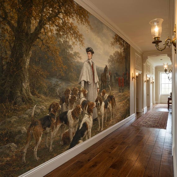 Foxhunting Landscape Wall Mural, Peel and Stick Antique Wallpaper, Non Woven Equestrian Wall Decor, Oil Painting Dog Wall Art