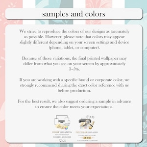 May include: An informational graphic titled samples and colors with text explaining that printed wallpaper colors may vary by 3-5% from screen displays. It includes icons for devices and a magnifying glass over a print, advising to order a sample.