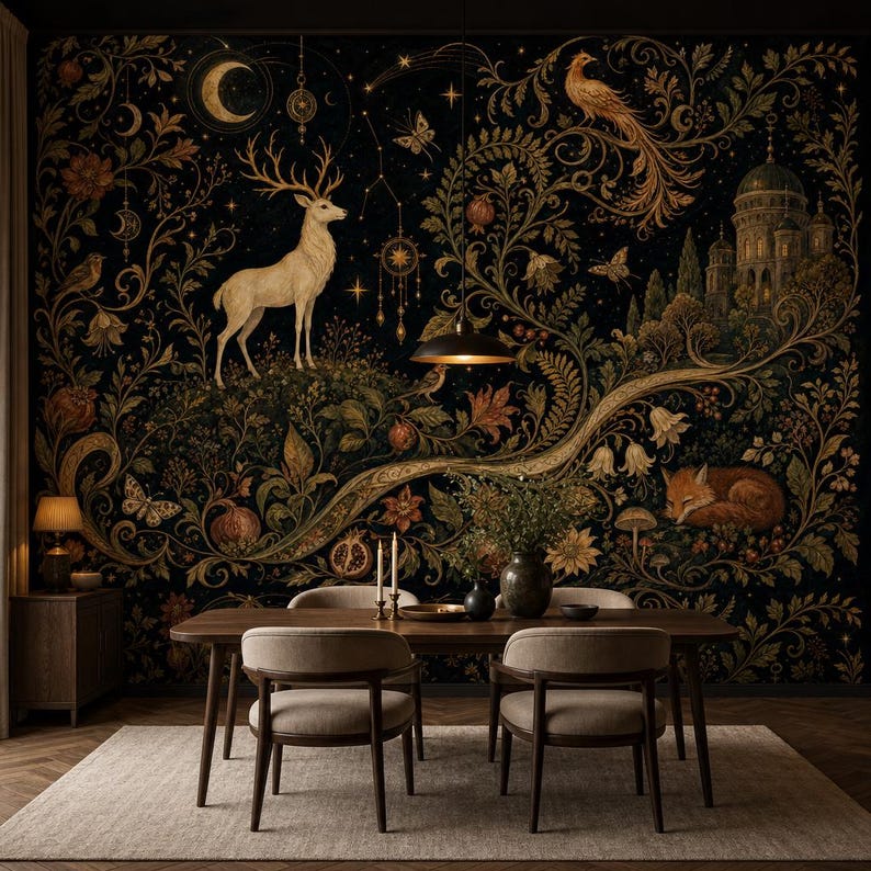 Celestial White Deer Wallpaper, Moonlit Forest Wall Mural, Peel and Stick Woodland Wall Decor, Mystic Nature Wall Art