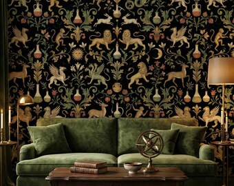 May include: A dark green velvet sofa sits before a black wallpaper featuring a repeating pattern of lions, griffins, deer, monkeys, rabbits, and alchemical glassware. A wooden coffee table holds two stacked books and a brass armillary sphere.