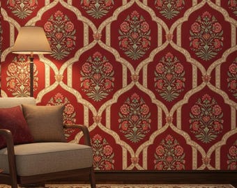 Indian Floral Wallpaper, Red Peel Stick Mughal Mural, Vintage Botanical Pattern Wall Paper