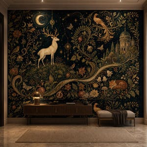Celestial White Deer Wallpaper, Moonlit Forest Wall Mural, Peel and Stick Woodland Wall Decor, Mystic Nature Wall Art