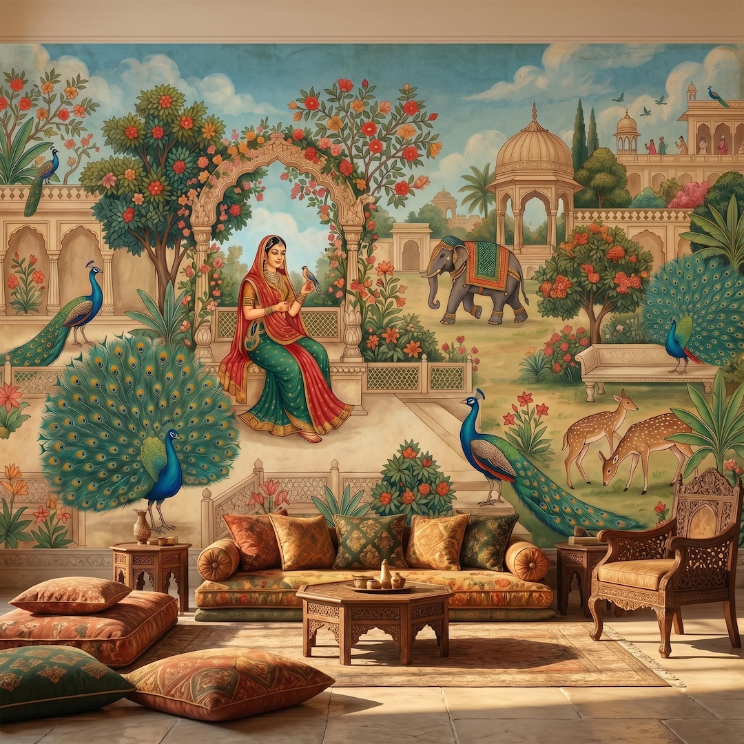 Indian Mughal Palace Mural Traditional Peel and Stick Elephant Peacock ...