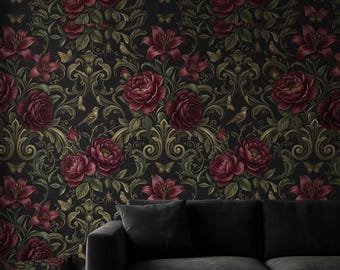 Dark Botanical Floral Wallpaper Vintage Peel and Stick Mural Non Woven Removable