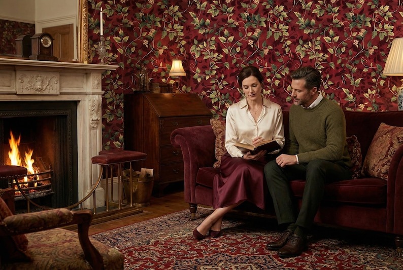 Peut inclure: Int&eacute;rieur chaleureux avec chemin&eacute;e, tapis &agrave; motifs et canap&eacute; bordeaux. Un couple lit un livre sur le canap&eacute;. Les murs sont orn&eacute;s d'un papier peint floral et un bureau en bois est visible. Ambiance cosy et &eacute;l&eacute;gante.