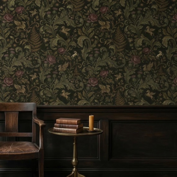 Dark Unicorn Gothic Wallpaper Removable Botanical Mural Peel and Stick Griffin Wall Paper Non Woven Vinyl